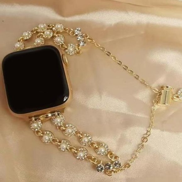 NEW Gold Pearl Rhinestone Apple Watch Band main image 5